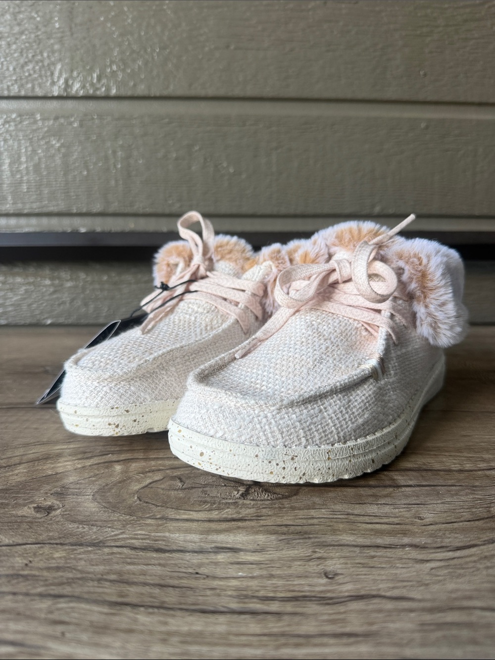 Hey Dude Women's Knit Slip-On Sneakers with Faux Fur Trim - Blush size 5